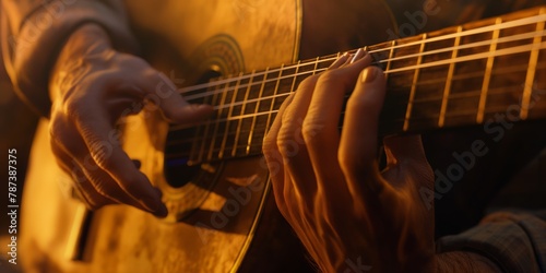 Intimate close-up of skilled hands plucking and strumming the strings of a wooden guitar photo