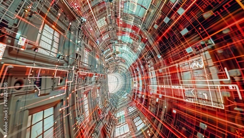 A captivating, high-tech tunnel with a dizzying array of geometric patterns, lines, and lighting effects, creating a visually striking, hyper-futuristic atmosphere. 