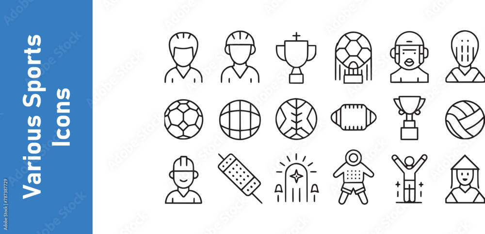 Various sports icons with Athletic perfect. Football, team, cricket, etc. Vector collection. 