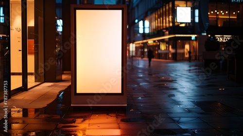 Tall outdoor portrait blank digital signage light box mock up near retail stores and restaurants taken at night ideal for large posters huge information boards and marketing advertise : Generative AI