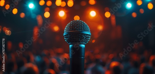 A microphone in the business, conference or concert hall. Bokeh effect
