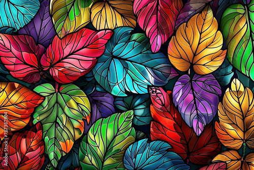 Illustration in stained glass style with abstract colorful leaves