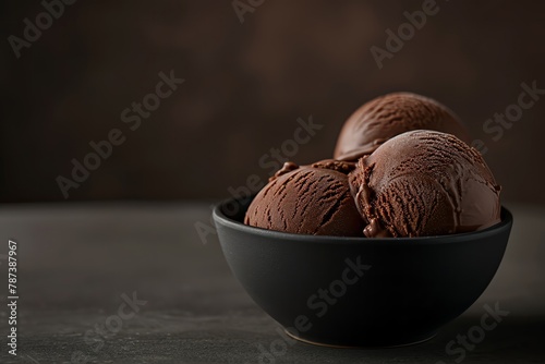 Rich Chocolate Decadence Dark chocolate ice cream in a matte black dish, against a dark brown minimalist background, highlighting the richness of the chocolate, designed with plenty of room for textTh photo