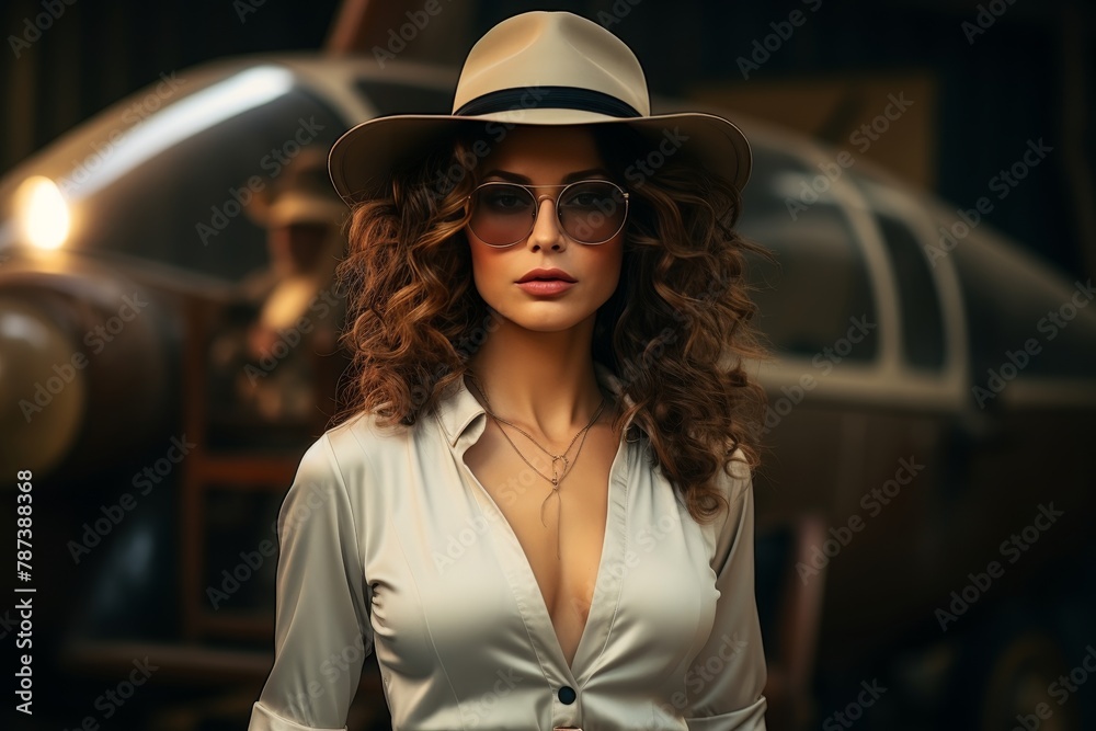 A woman in a hat and sunglasses stands on the shore, while a plane flies in the sky and a yacht sails in the seaInclude various elements related to tourism.