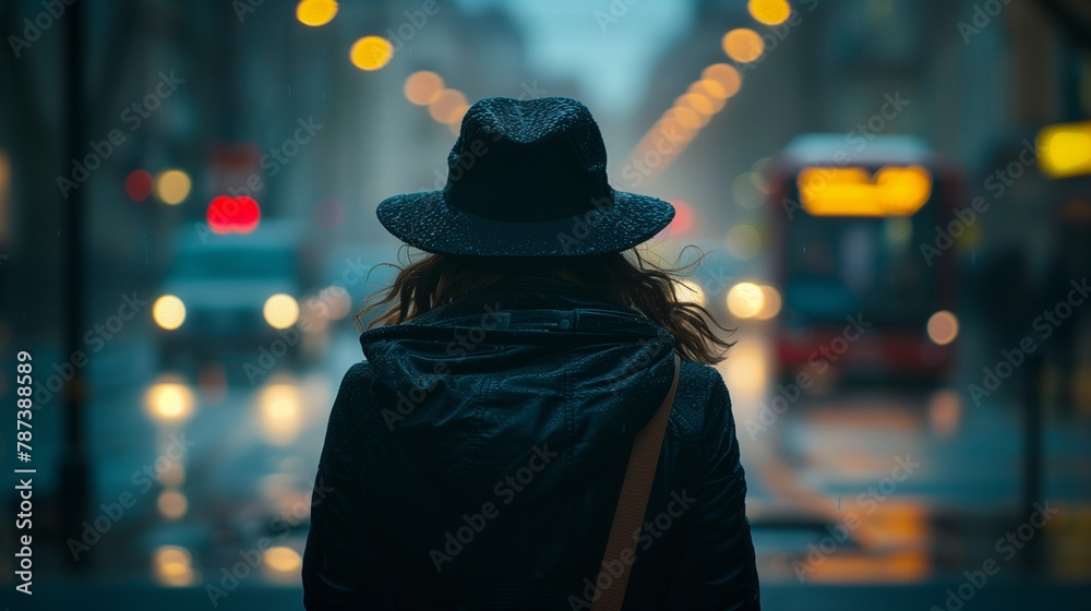 A woman in a hat with automotive lighting is on a city street at midnight