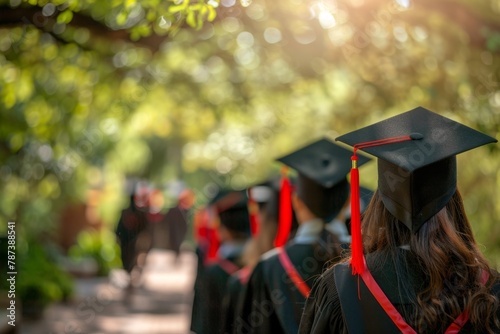 An elaborate graduation ceremony with black caps and red tassels on an outdoor college campus in the summer sun, blurred people walking away from the camera in the style of bokeh effect Generative AI