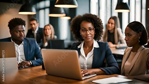 Confident African Businesswoman Engaged in Work at Office with Team in Background photo