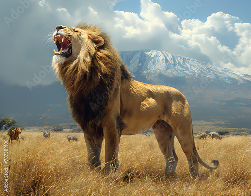 Majestic Lion Roaring on the Golden Savannah at Sunset