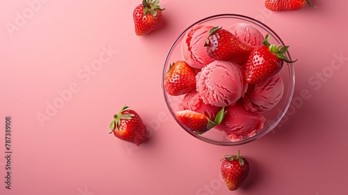 Strawberry Sorbet Bright strawberry sorbet in a clear glass dish, placed on a vibrant pink background that pops, creating a fresh and fruity theme with a clean space for textThe scene is expertly capt photo