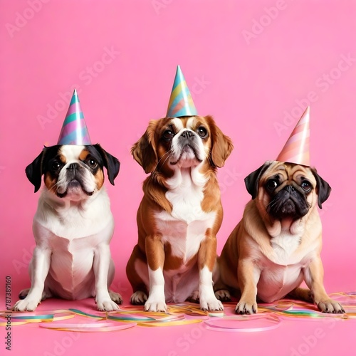 Three dogs wearing party hats on a pink background, one Cavalier King Charles Spaniel, one Pug , and one mixed breed dog, with colorful party streamers on the ground