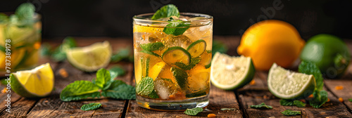 Mojito Drink with Lime Lemon and Mint on Wood, Lemonade with ice and lemon slices on wooden table on natural background, Quench your thirst with a revitalizing lemon ice refresher, a perfect summer 