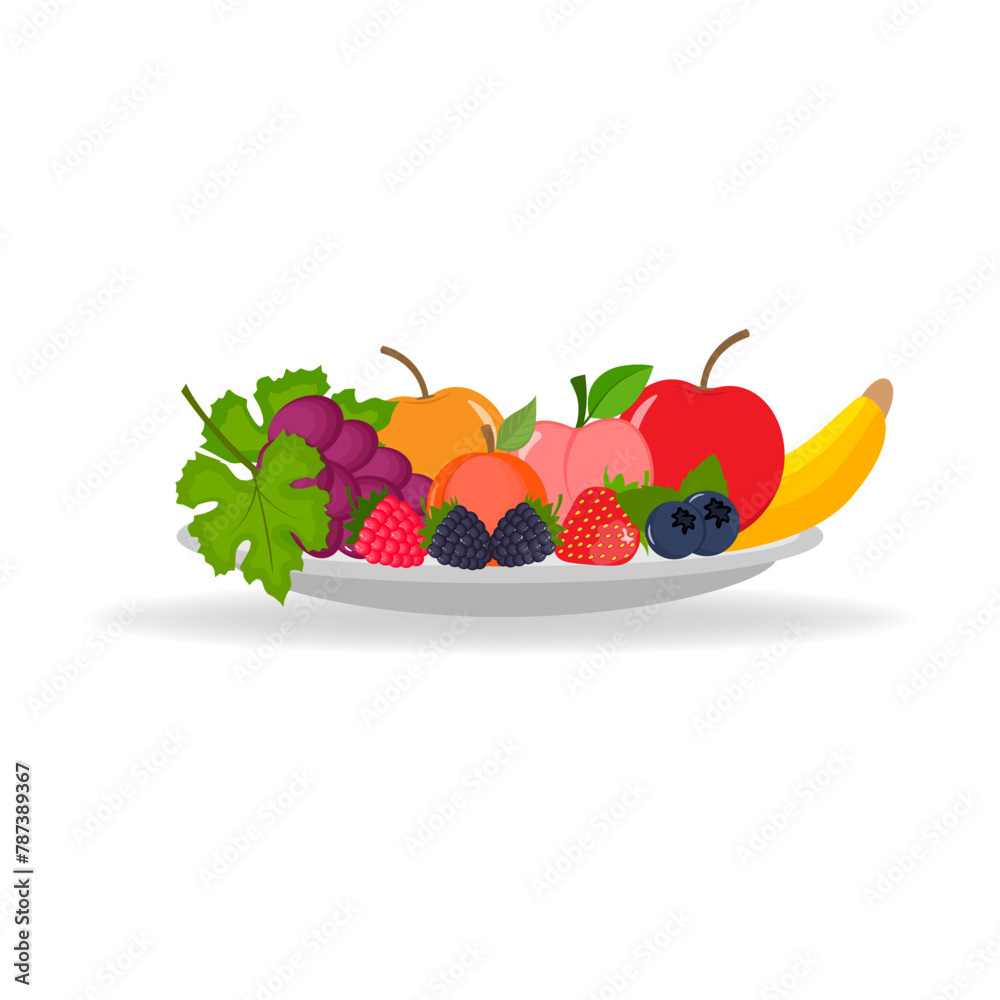 Bowl of cartoon fresh fruit and berries. Apple banana currant strawberry cherry plum peach vector illustration