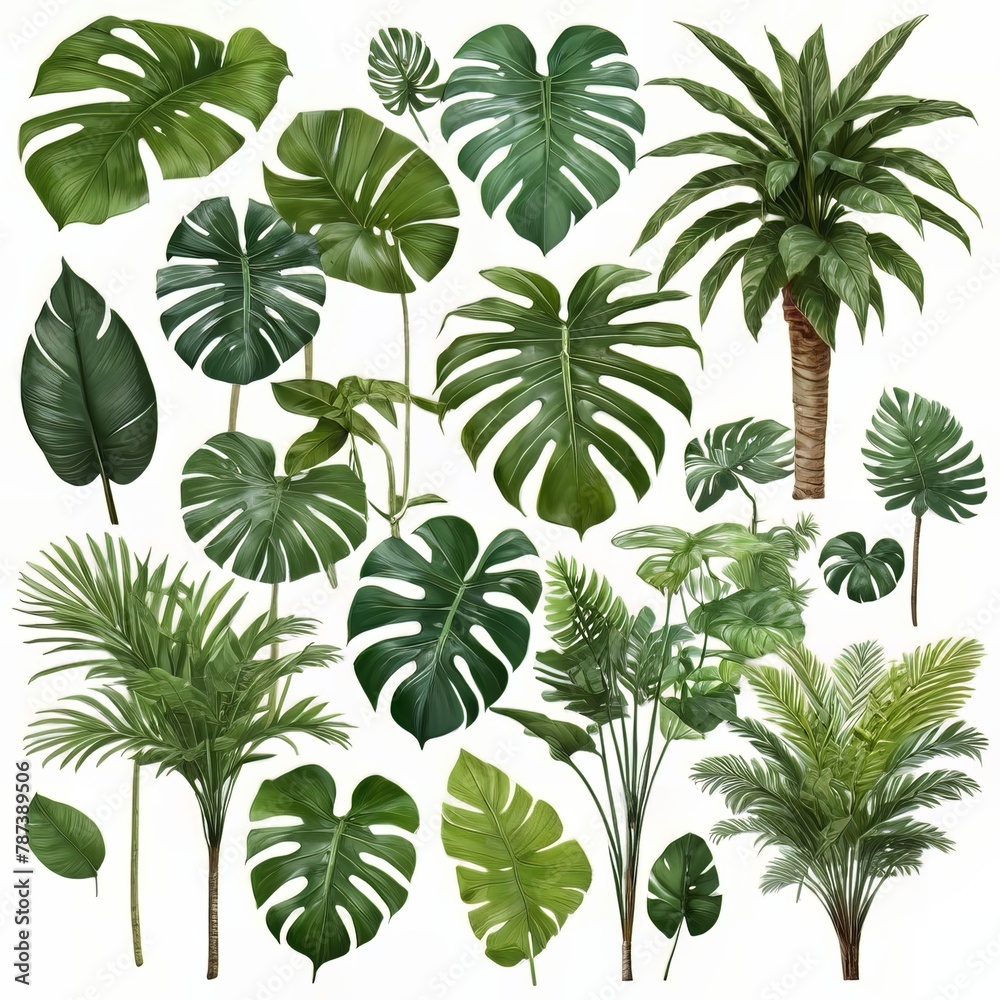 Collection of green leaves of tropical plants bush