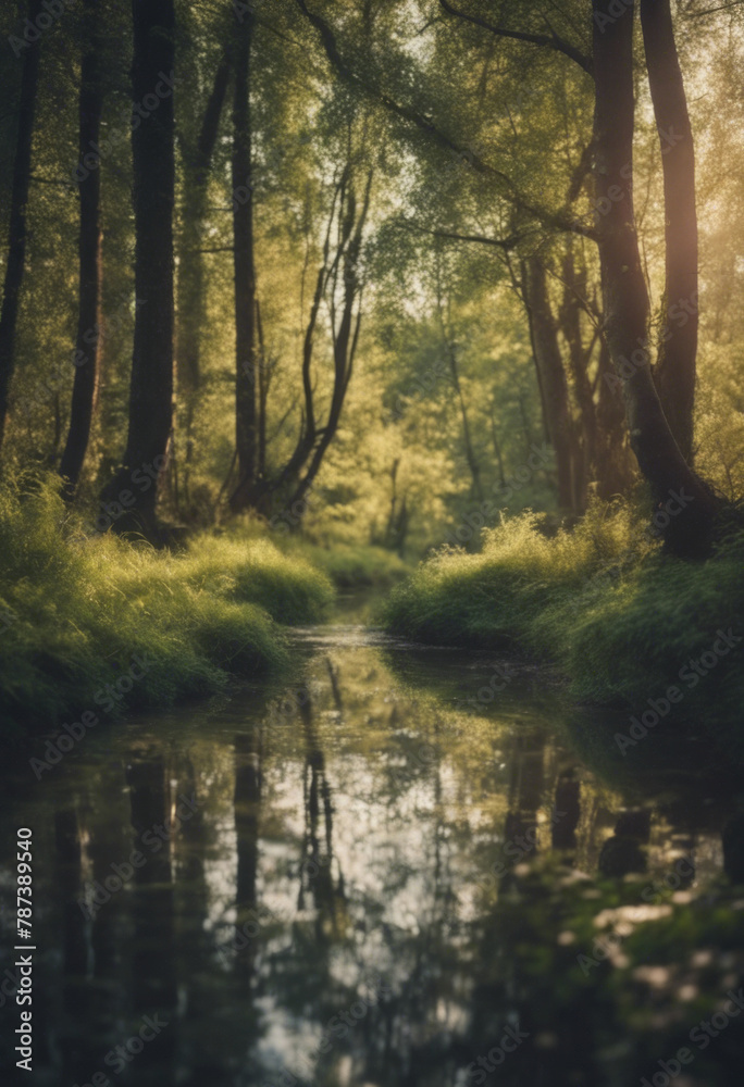 Illustration of the forest. Trees, shrubs and thickets in the form of silhouettes. River, stream in the forest