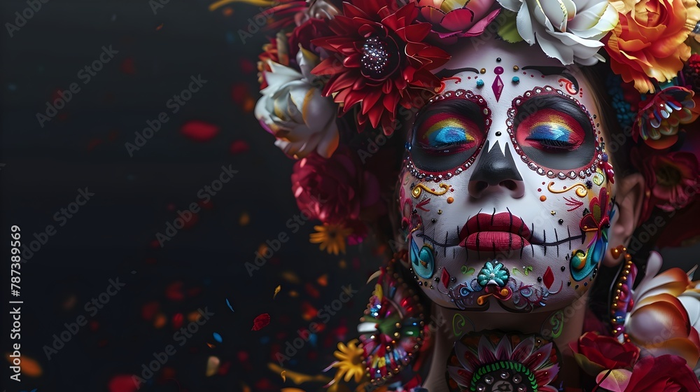 Elaborate Sugar Skull Makeup Display with Vibrant Floral Designs and Intricate Decorative Details Against a Moody Black Backdrop