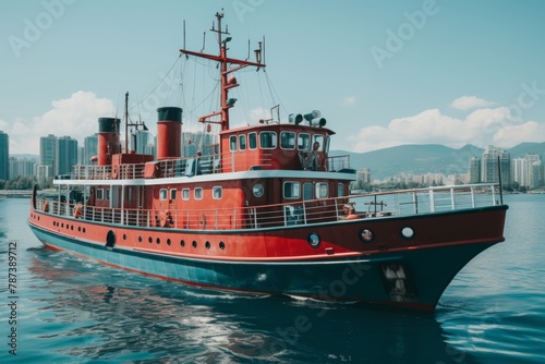 a cargo vessel with powerful lifting equipment navigating through serene waters