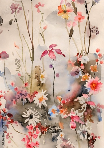 Watercolor Floral Composition with Delicate Blossoms and Foliage