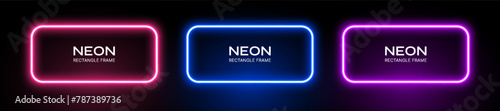 Neon light rectangle frame. Glow border. Banner shape with laser effect in pink, blue and purple colors. Vector set of led fluorescent templates.