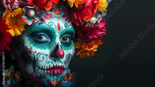 Vibrant Sugar Skull Makeup Art Display with Intricate Floral Patterns and Decorative Accents Against a Dramatic Black Backdrop