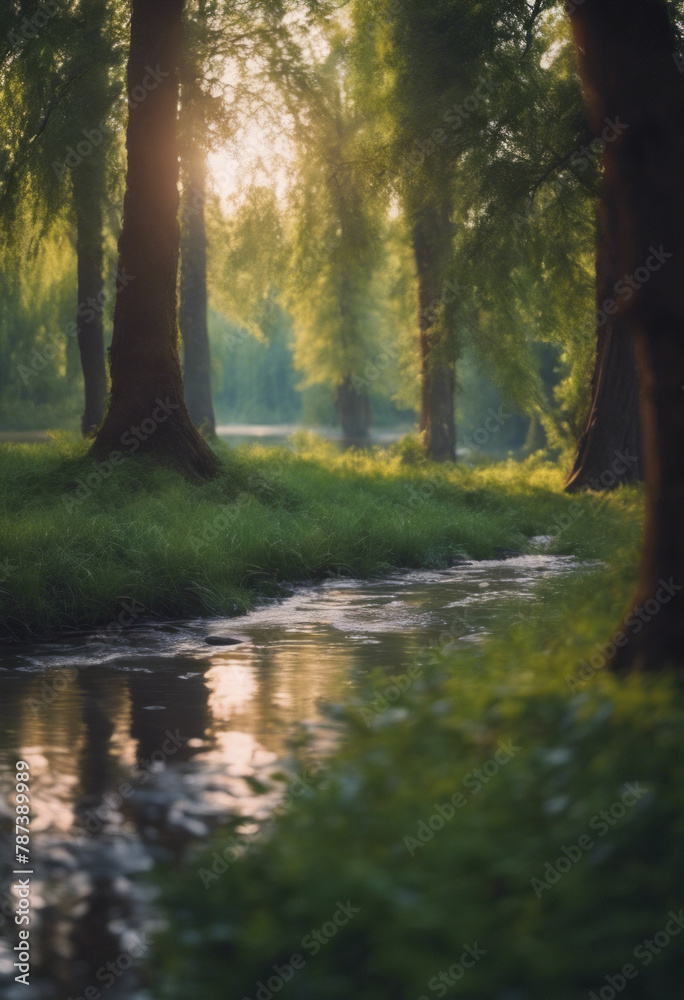 Illustration of the forest. Trees, shrubs and thickets in the form of silhouettes. River, stream in the forest Illustration of the forest. Trees, shrubs and thickets in the form of silhouettes. River, stream in the forest