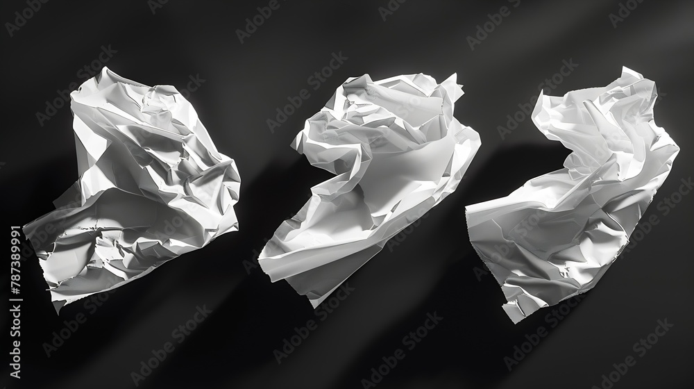 Three white crumpled sheets of paper on a black background : Generative AI Three white crumpled sheets of paper on a black background : Generative AI
