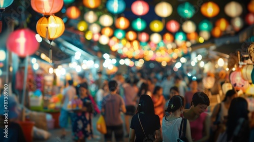 Blurred crowd of people in a lively market vendors selling goods and shoppers browsing. .