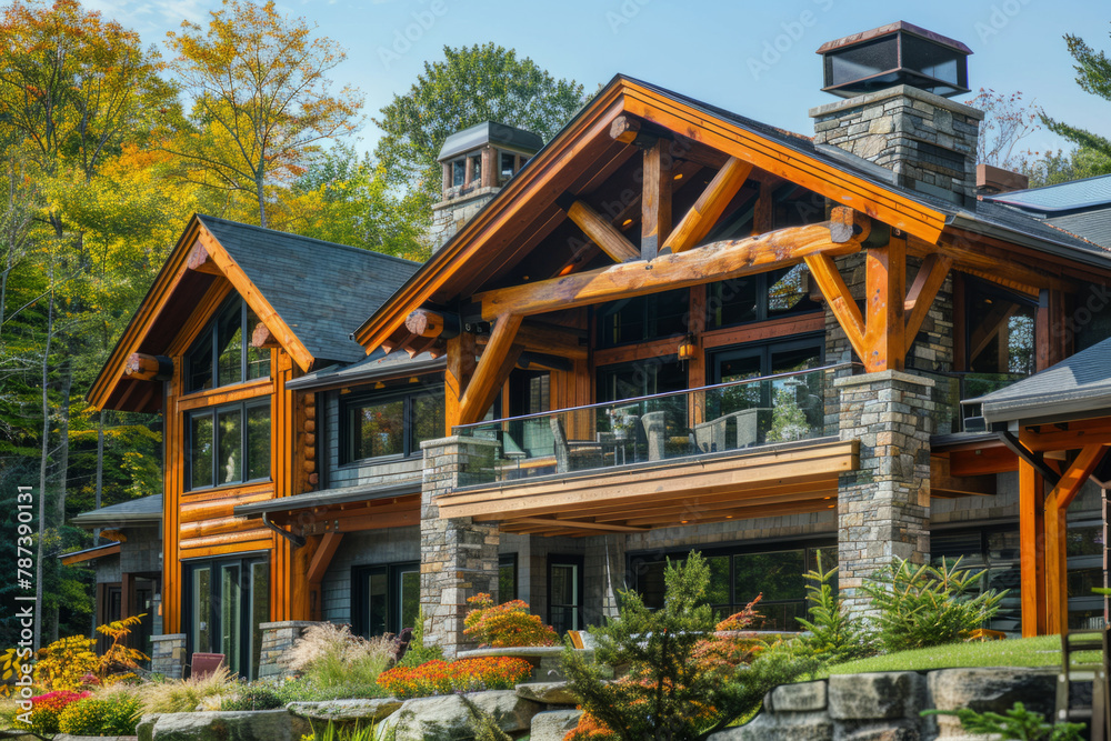 The inviting exterior of a mountain lodge nestled within a natural setting