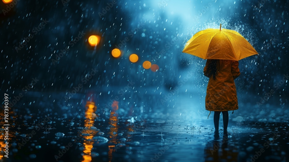 A woman shields herself from the drizzle with a yellow umbrella in the rain
