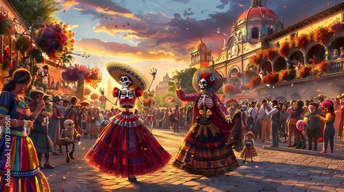 Vibrant Dia de Los Muertos Parade in a Bustling Town Square with Costumed Participants and Paper Mach Puppets photo
