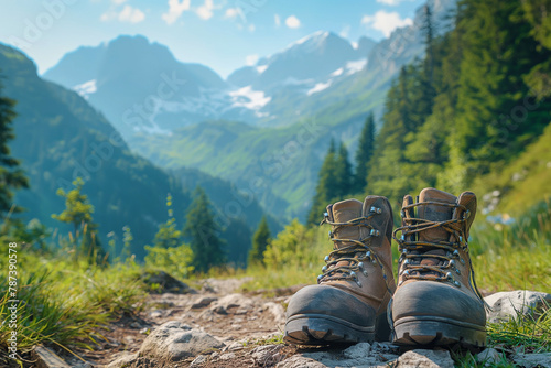 hiking shoes or boots in the mountains, high alps, beautiful summer landscape