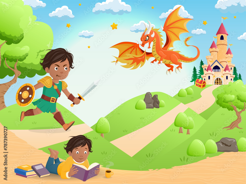 World book day Boy reading imagin dream fantasy story dragon adventure happy background design