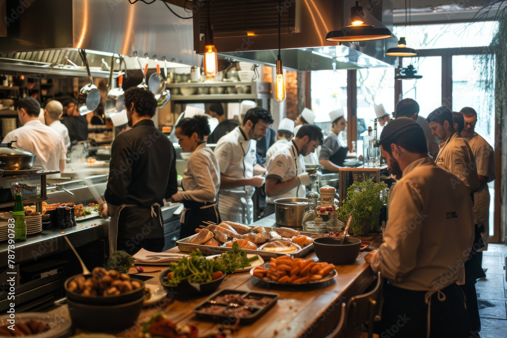 A bustling restaurant scene with diners, chefs, and waitstaff actively engaged in their roles