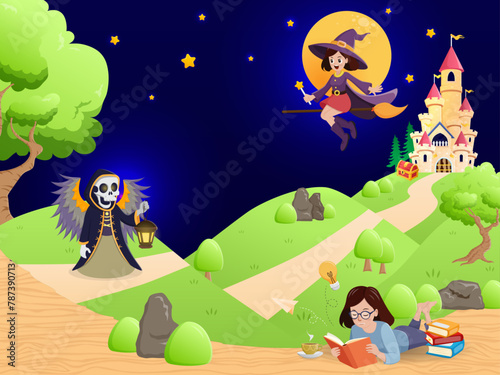 World book day Girl reading book imagin dream fantasy night illustration cute happy design
