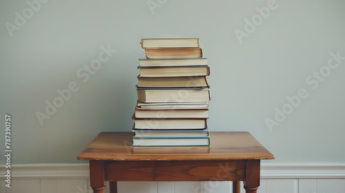 Stack of assorted books on wooden table against plain background photo