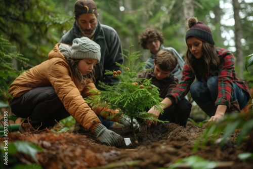 A diverse family comes together in a peaceful forest to plant a tree in memory of a loved one, symbolizing continuity and tribute