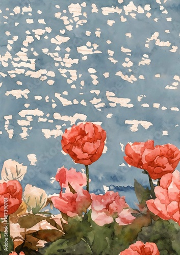 Watercolor Painting of Red Poppies with sunny  reflective water

