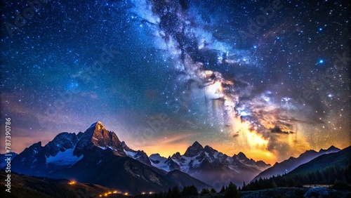 view of the night sky full of stars and snow mountains