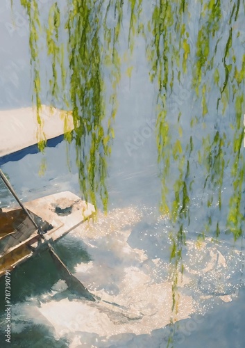 Reflective Water Surface with Weeping Willow and Rowboat

