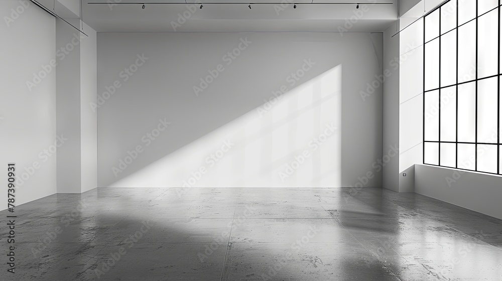 Modern empty gallery space with natural light and shadow play - obrazy, fototapety, plakaty 