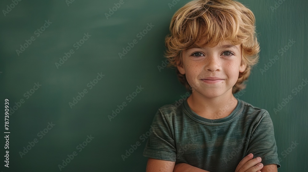 Young Boy Standing in Front of Chalkboard Young Boy Standing in Front of Chalkboard