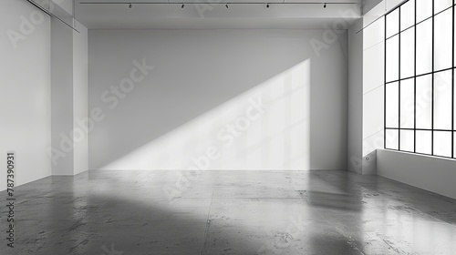 Modern empty gallery space with natural light and shadow play