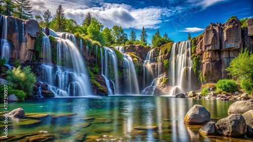 waterfall on the edge of the lake with views of tall trees and clear skies photo