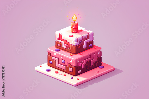 Birthday cake on pink background. Pixel illustration for greeting , party.