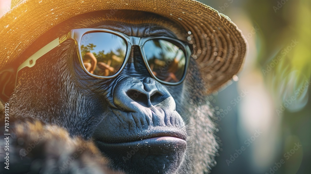 Stylish primate wearing sunglasses and a summer hat Stylish primate wearing sunglasses and a summer hat