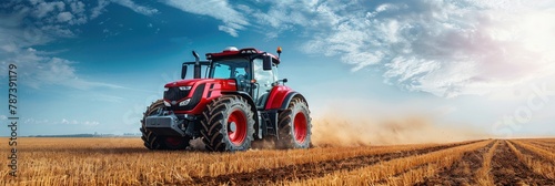 Red Tractor Driving Through Field