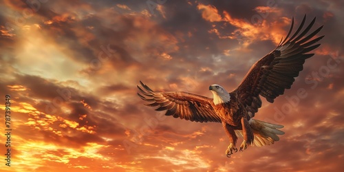 An imposing eagle with spread wings flies against a vibrant amber and orange sky, embodying freedom and power