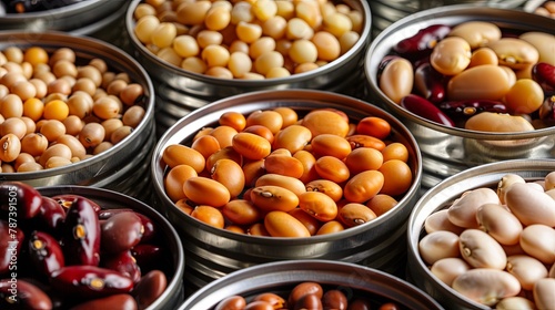 Assorted legumes in tin cans closeup view