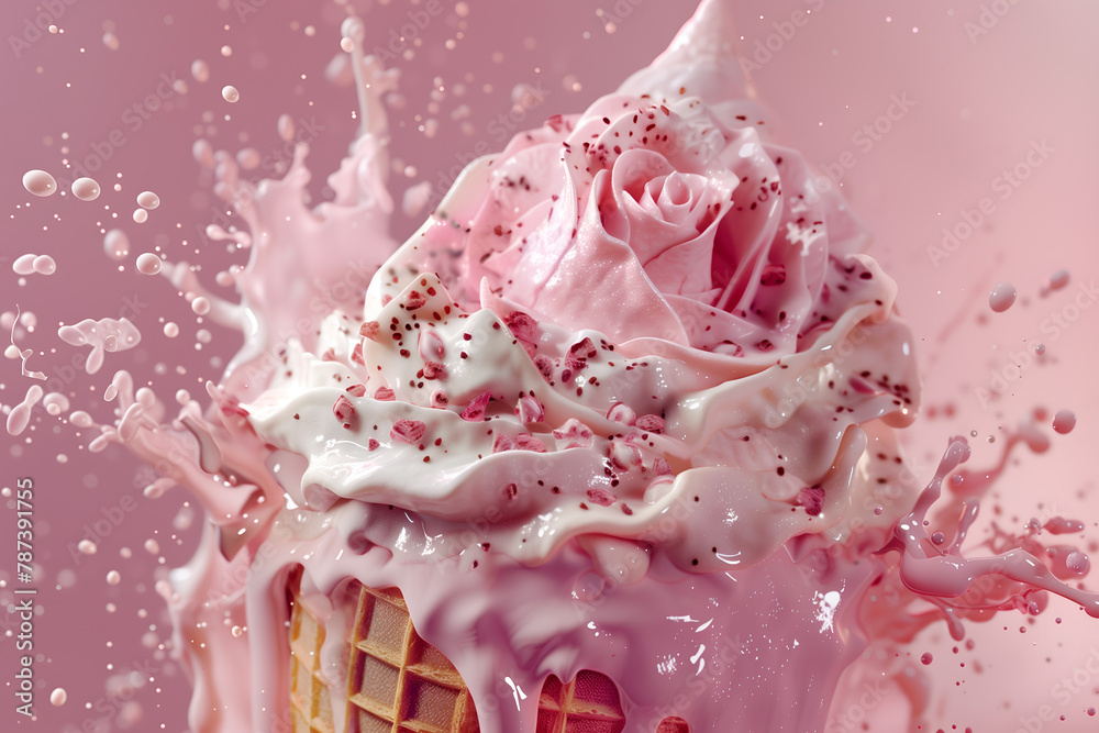 Waffle cone of sweet ice cream shaped like a rose with splashes of milk ...