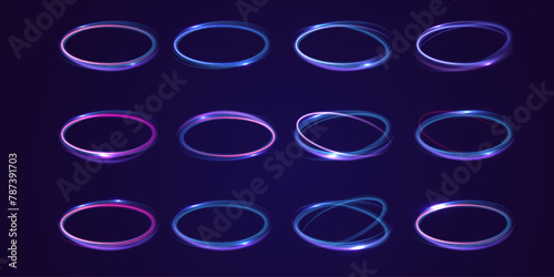 Set of neon blurry light circles at motion . Vector swirl trail effect. Abstract vector fire circles, sparkling swirls and energy light spiral frames.