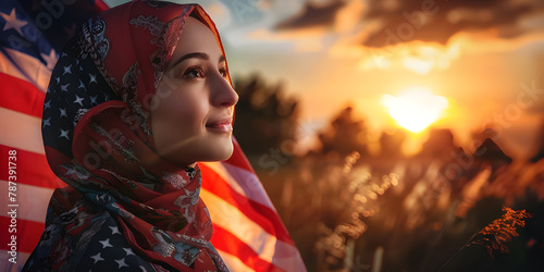 Muslim woman in scarf with American flag of at sunset background - Ai Generated